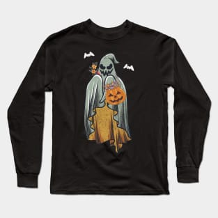 Retro Vintage Groovy Pumpkin Halloween Colors Flower Ghost Long Sleeve T-Shirt